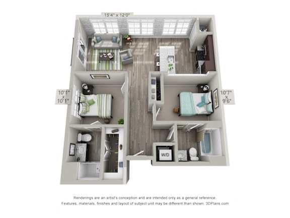 2 Bed 2 Bath B1 Floor Plan at The Foundry, South Bend