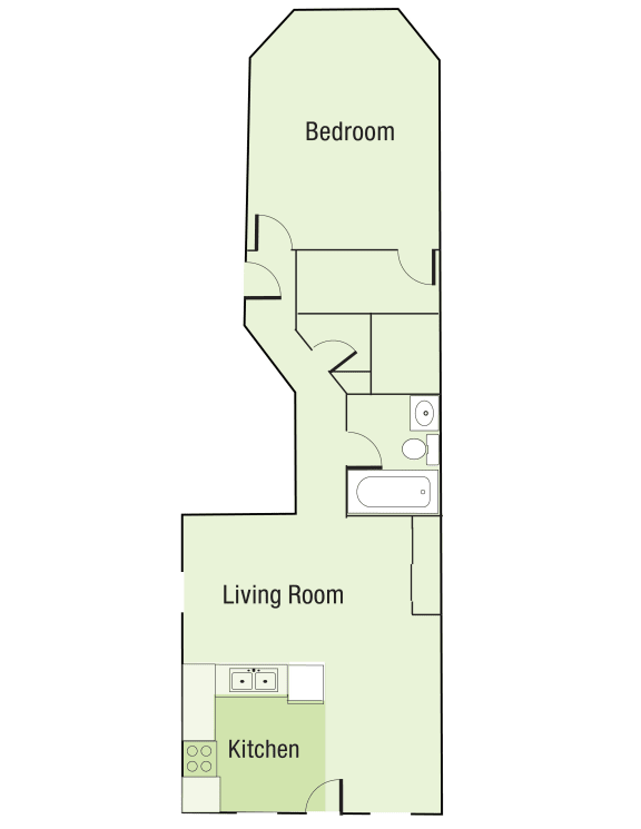 a floor plan of a studio apartment with a bedroom and a living room