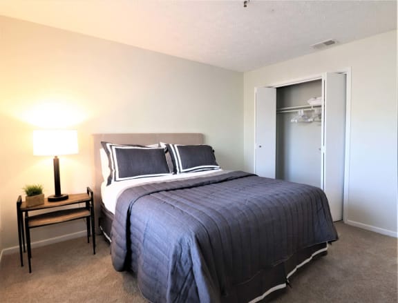 a bedroom with a bed and a closet
