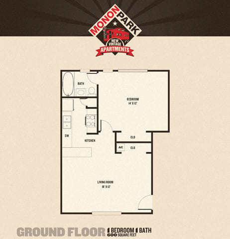 1 Bedrooms Floor Plan at Monon Living, Indianapolis, IN, 46220