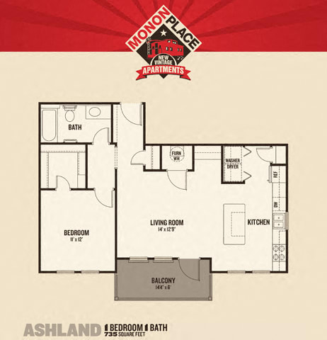 1 Bed 1 Bath Floor Plan at Monon Living, Indianapolis, Indiana