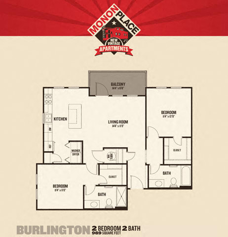 Monon Place II  -  2 Bedrooms Floor Plan at Monon Living, Indianapolis, IN, 46220
