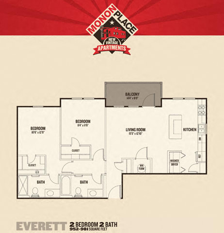2 Bedroom 2 Bath Floorplan at Monon Living, Indianapolis, 46220