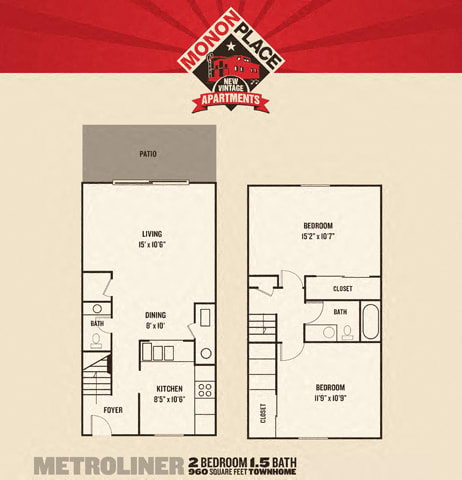 2 Bedroom Townhomes Floor Plan at Monon Living, Indiana