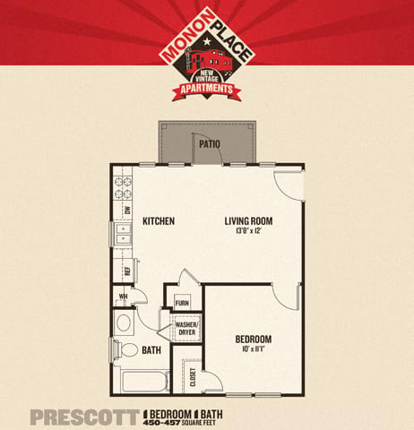 1 Bedrooms Floor Plan at Monon Living, Indiana