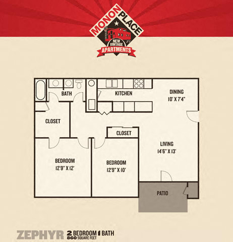 Monon Place I  - 2 Bedrooms Floor Plan at Monon Living, Indianapolis