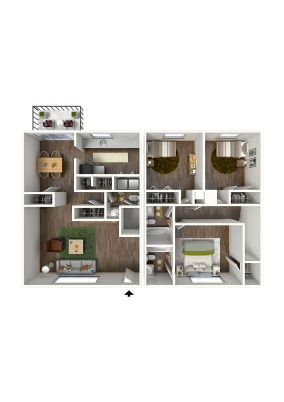 a stylized floor plan of a 2100 sq ft apartment at Elea Apartments in Marietta, GA