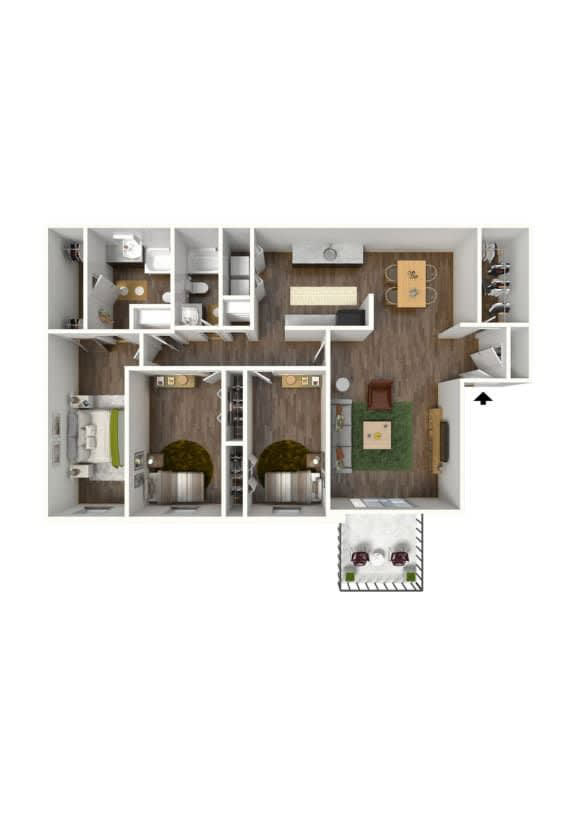 a stylized floor plan with a bedroom and a kitchen at Elea Apartments in Marietta, GA