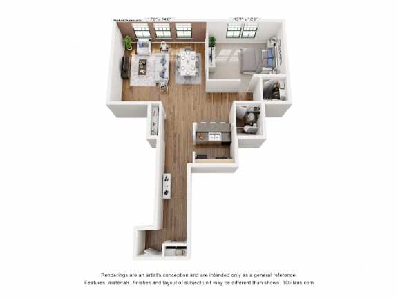 A 3D floor plan of a house with a kitchen, living room, dining room, and two bedrooms.