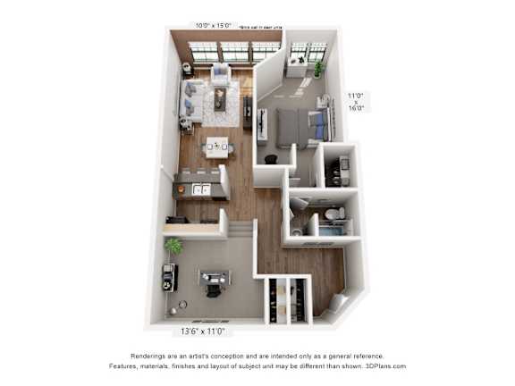 One bed one bathroom floorplan at Indy Living Apartments, Indianapolis