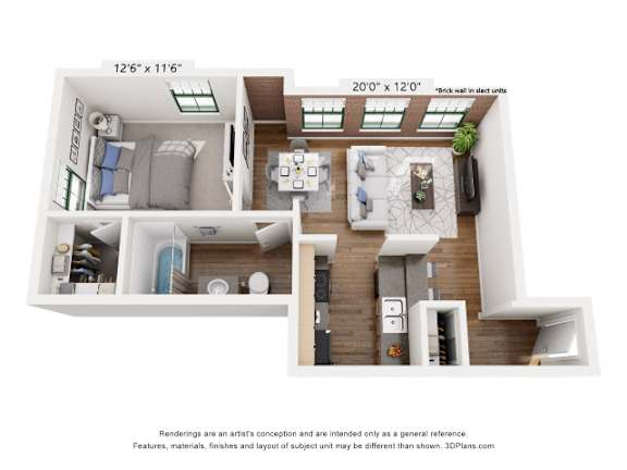 A 3D floor plan of a small apartment with a kitchen, living room, and bedroom.