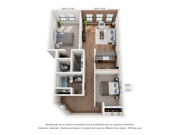 A floor plan of a two-bedroom apartment with dimensions and a disclaimer.