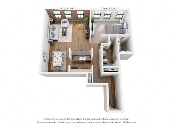 A 3D floor plan of a house with a living room, kitchen, and two bedrooms.