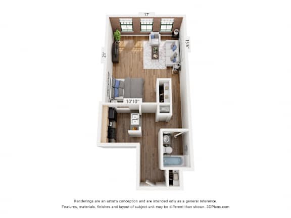 A floor plan of a small apartment with a kitchen, living room, and bathroom.