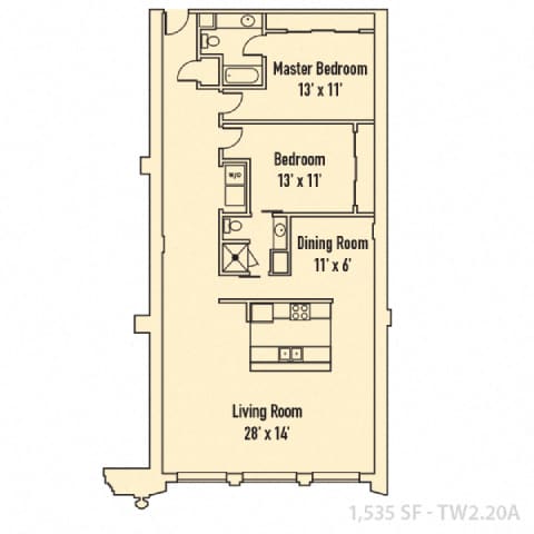 A floor plan of a one bedroom apartment with a living room, two bedrooms and a dining room.