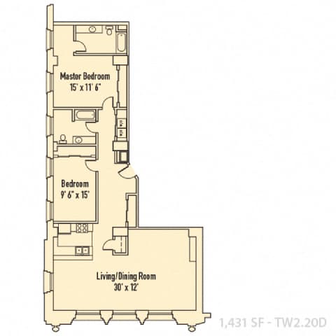 A floor plan of a home with a Master Bedroom, Bedroom, and Living/Dining Room.