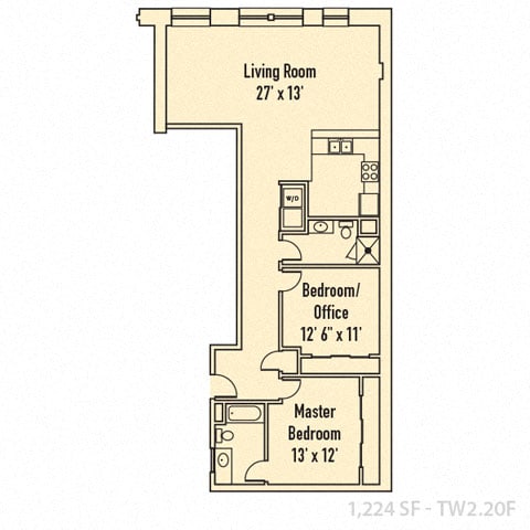 A floor plan of a one bedroom apartment with a living room, bedroom/office and a master bedroom.
