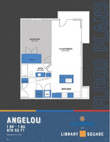 A blue and white floor plan for a one bedroom apartment.
