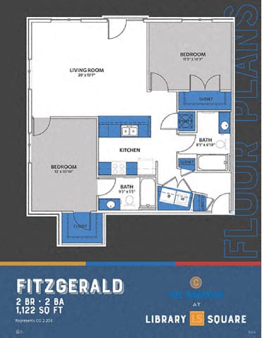 A blue and white floor plan for the Fitzgerald apartment complex.