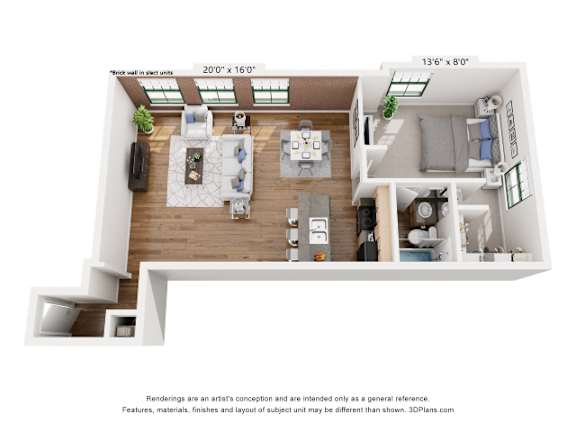 A 3D floor plan of a house with a living room, dining room, kitchen, and two bedrooms.