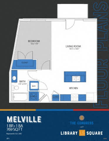 1 bedroom one bath floorplan with walk-in closet at Indy Living Apartments, Indianapolis
