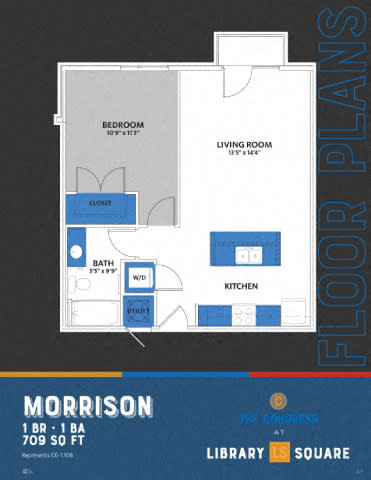 A blue and white floor plan for a 1 bedroom apartment.