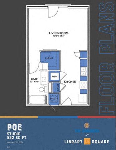 A blue and white floor plan for a studio apartment at the library square.