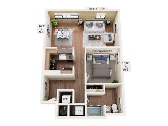 A floor plan of a small apartment with a kitchen, living room, and two bedrooms.