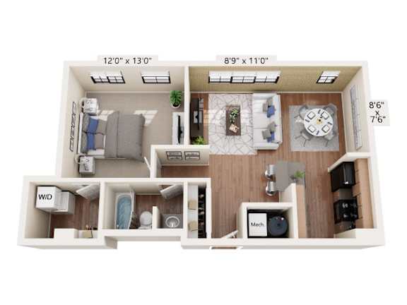 A floor plan of a small apartment with a kitchen, living room, and bathroom.