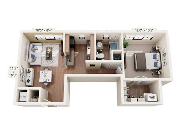 A floor plan of a small apartment with a kitchen, living room, and bedroom.