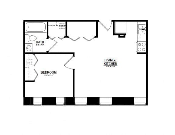 One bed one bath floorplan with closet at Indy Living Apartments, Indianapolis