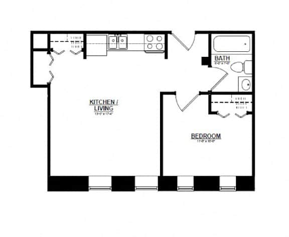 One bedroom one bathroom floorplan with walk-in closet 1 at Indy Living Apartments, Indianapolis, IN
