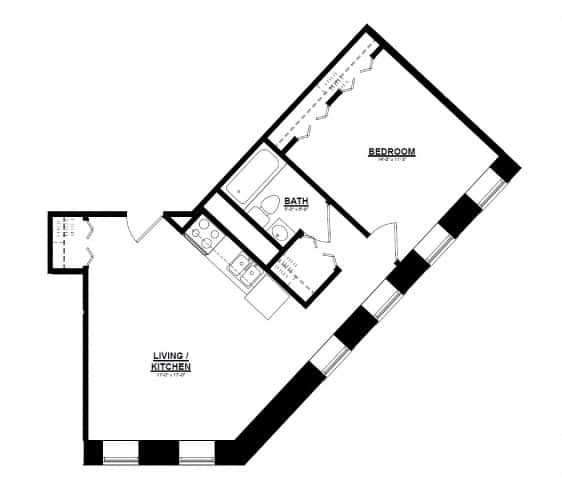 One bed one bathroom floorplan with walk-in closet at Indy Living Apartments, Indianapolis, IN, 46204