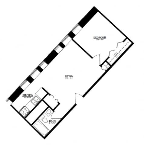 A floor plan of a home with a kitchen, bathroom, and bedroom.