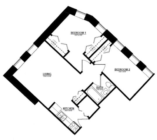 2 bed one bath floorplan at Indy Living Apartments, Indianapolis, IN, 46204