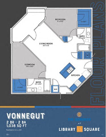 A blue and white floor plan for a Vonnegut apartment.