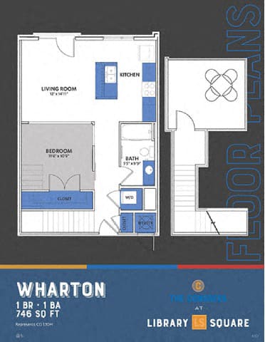 A floor plan for a Wharton apartment shows a living room, a kitchen, a bedroom, a bath, and a closet.