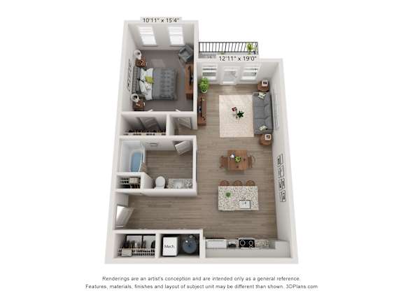 a stylized floor plan with a bedroom and a living room