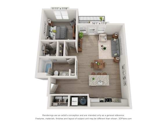 a stylized floor plan with a bedroom and a living room
