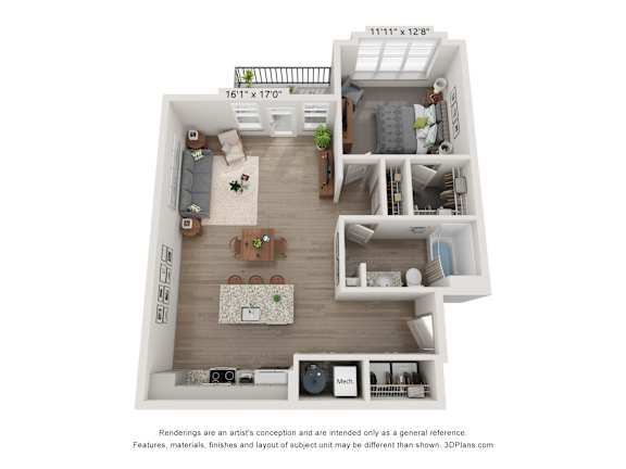 a stylized floor plan with a bedroom and a living room
