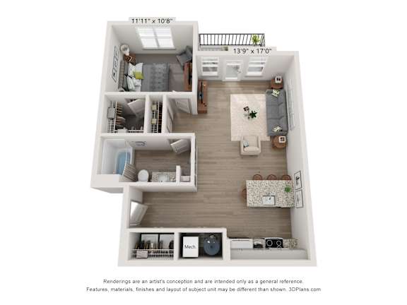 a stylized floor plan with a bedroom and a living room