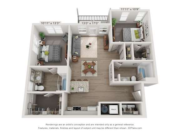 a stylized floor plan of a 1 bedroom floor plan