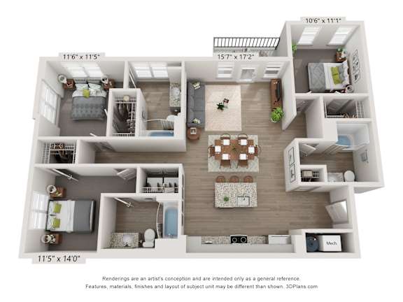 Rendering of a 3 bedroom 3 bathroom floor plan with an open concept living and dining space but separate rooms, bathrooms and closets at about 1369 square feet