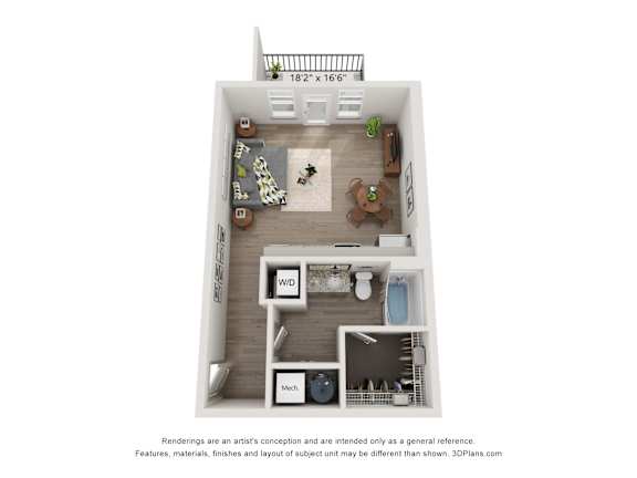 a stylized floor plan of a 1 bedroom with a bathroom and a living room