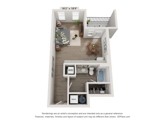a stylized floor plan of a 1 bedroom apartment