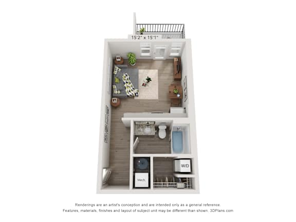 a stylized floor plan with a bedroom and a living room
