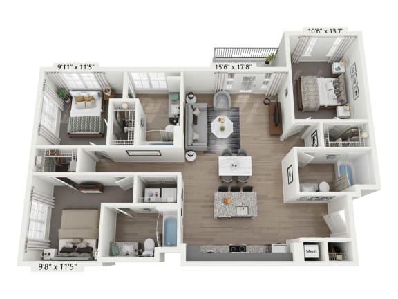 a floor plan of a 3 bedroom apartment  at Plat 4 at Research Triangle, Durham, North Carolina