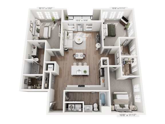 Three-bedroom apartment layout at Portrait Midtown with flexible space, bright open living room, gourmet kitchen, and private bedroom suites in Carmel, IN.