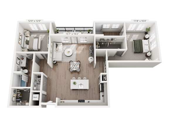 Two-bedroom apartment at Portrait Midtown featuring a generous open living area, contemporary kitchen with island seating, flexible-use space, and two spacious bedrooms.