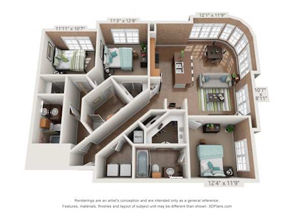 3 Bedroom C2A Floor Plan at The Foundry, South Bend, IN